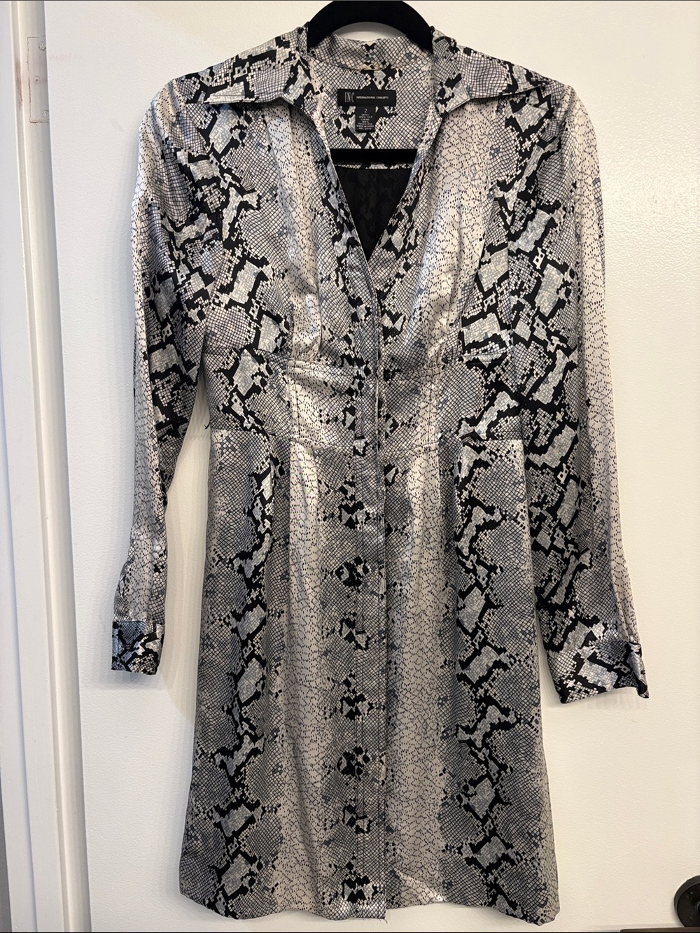 Snake Print Button-Front Shirt Dress in Black and Gray 100% Silk